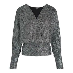 Express Long Sleeve Metallic Wrap Top Silver Black Size XL Party Blouse